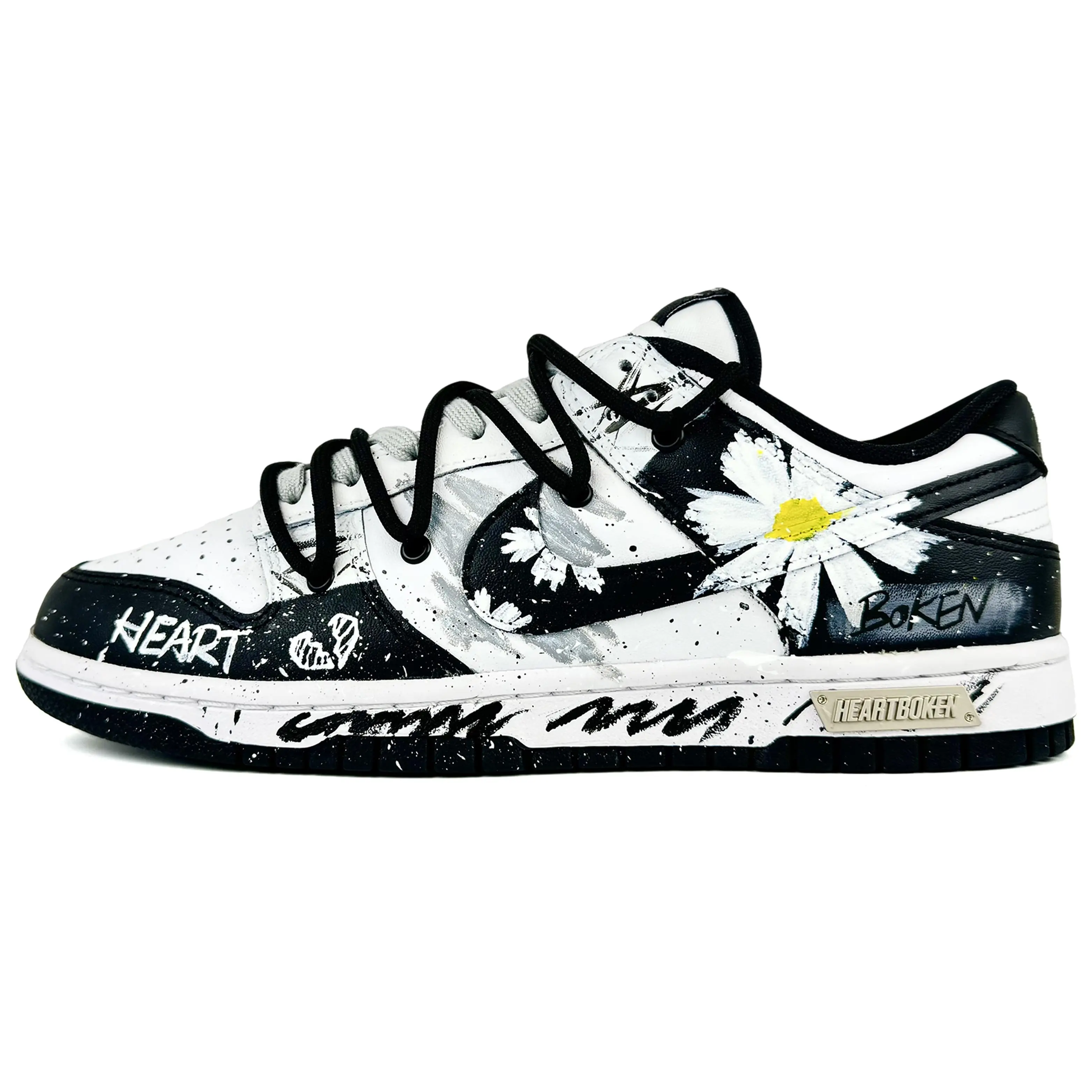 Nike Dunk Low GS Black and White Custom Sneakers with Daisies, Graffiti, Distressed Finish, Durable and Comfortable Verifiable, with credentials and supporting global authentication