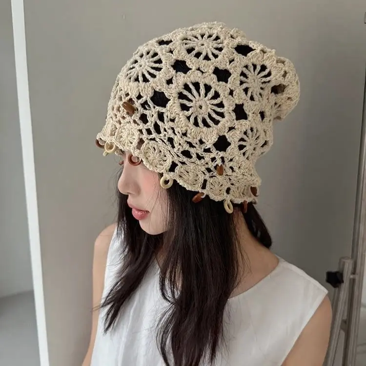 Acrylic Yarn Floral Lace Beanie Hat - Effortless, Breathable, Lightweight, Non-Flattening, Ring Charms, Slouchy Skull Cap Bonnet for Vacation Boho Photo Shoots (One Size)
