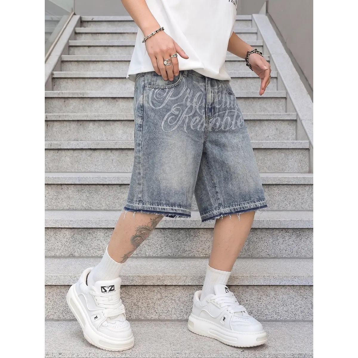 Men's Light Blue Washed Denim Shorts Vintage Graphic Letter Jean Shorts Loose Fit Raw Edge Casual Summer Denim Shorts Y2K Streetwear Hip Hop Fashion Breathable Comfortable Shorts for Travel Beach Party Everyday Wear