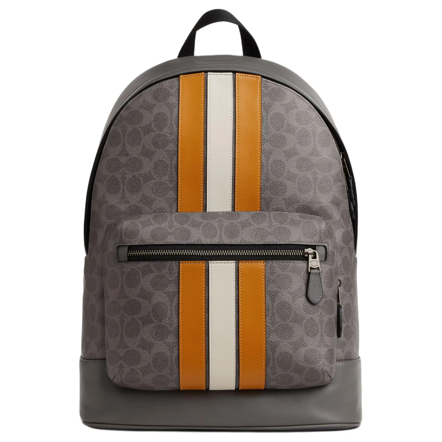 COACH West 32 Classic Logo Varsity Stripe Leather Backpack for Women, Gray