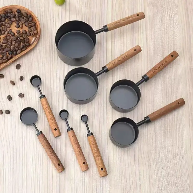 ultifunctional Stainless Steel Measuring Cup Set, Ergonomic Wooden Handle, Stackable, Dishwasher Safe, Ideal for Cooking and Baking, Measure Cups