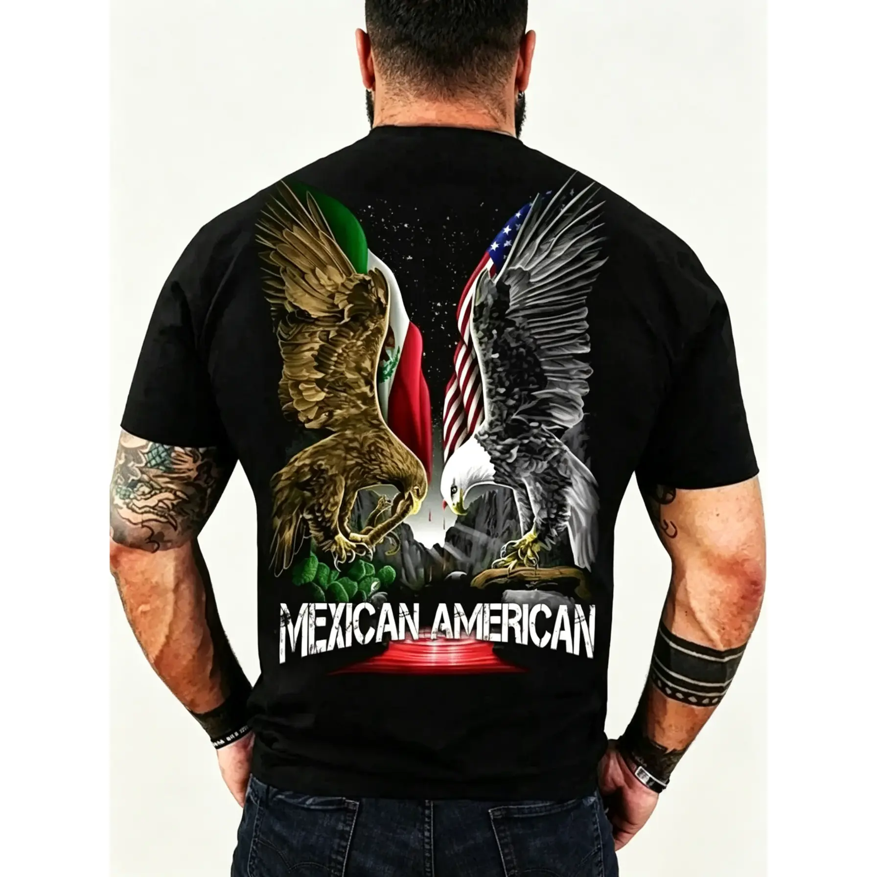 Mexican American Eagles Short-Sleeve Round-Neck Streetwear T-Shirt - Sports Top, Wardrobe Staple, All-Season, Soft Touch, Favorite-Like Feel, Shortsleeve, Tshirt, Cotton Twill, Eagle Graphic, Fade-Free Print, Relaxed Fit, Casual