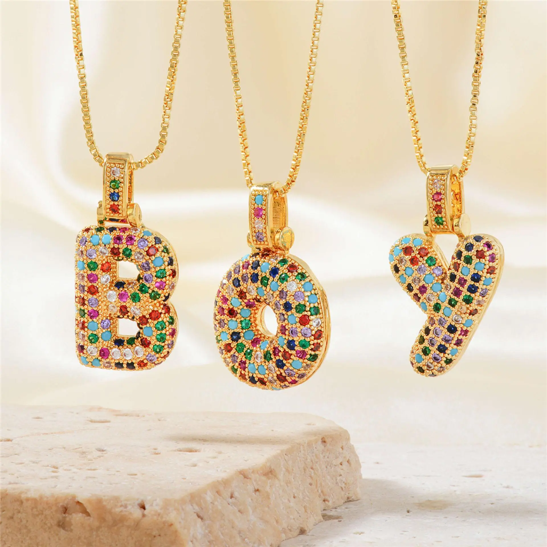 14K Gold Plated Balloon Initial Pendant Necklace, Trendy Silver/Gold Bubble Letter A-Z Colorful Rhinestone Initial Pendant Personalized Non Tarnish Necklace Festivals, Birthdays, and Special Occasions Party Jewelry Holiday Gift
