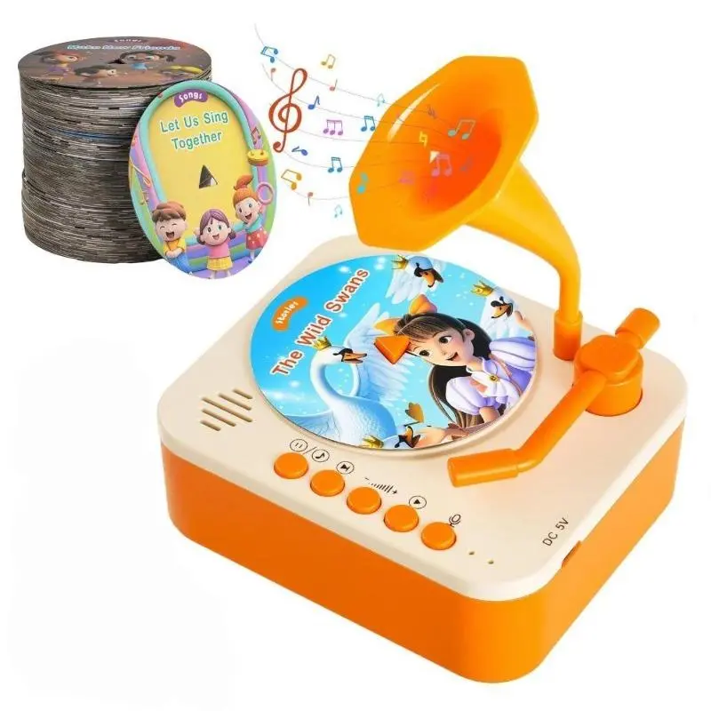 Mini-Gramophone Toy for Kids, Rechargeable Wireless Early Education Player with 96 Learning Cards, Multi-Functional Design, Nursery Rhymes, DIY Recording & Storytelling, Auditory Processing Abilities Support