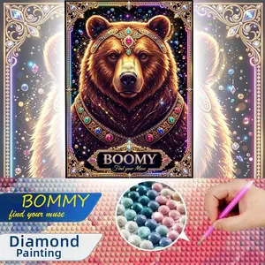 A beautiful large-size 2D frameless royal hollow-out relief style brown bear wearing jewels DIY diamond painting kit, perfect for art lovers and home decoration in the living room or bedroom.