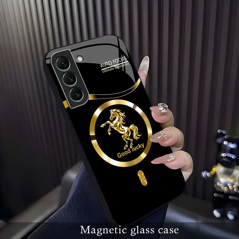 For【Galaxy S22+ 5g】Golden Horse Pattern Magnetic Glass Case, Premium Personalized MagSafe Charging Glass Luxury Protective Cover, Shockproof Durable.-XS9527
