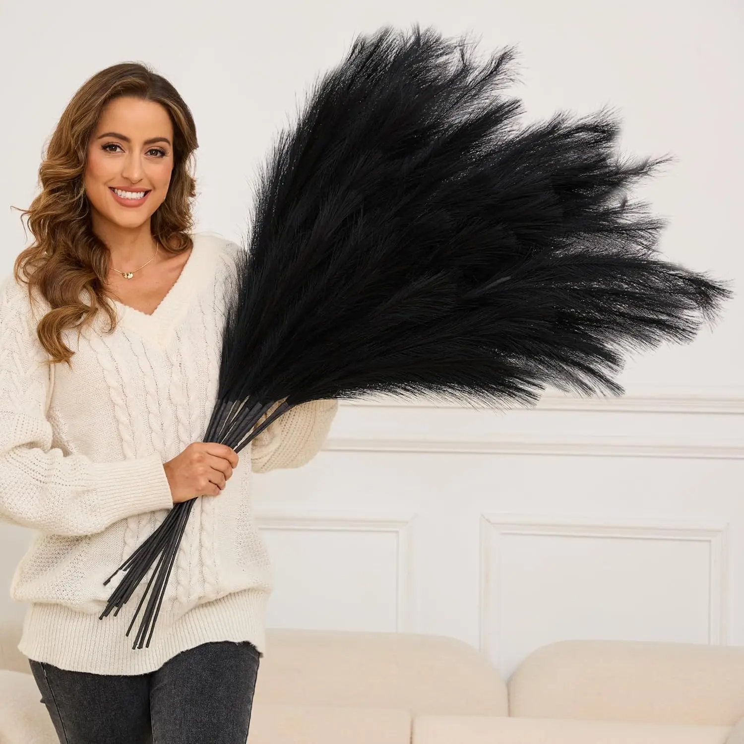 9 PCS 43" Height Black Silk Faux Pampas Grass Plants, Iron-Reinforced Floral Branches with Long Feathers for Farmhouse Floor Vase, Room & Home Wedding Boho Decor, Decorative