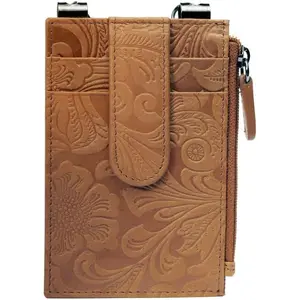 RFID Blocking Boot Wallet with Security Chain & Zipper Lock Genuine Leather Wallets for Men and Women Travel Minimalist Leather Card Holder Antique Saddle