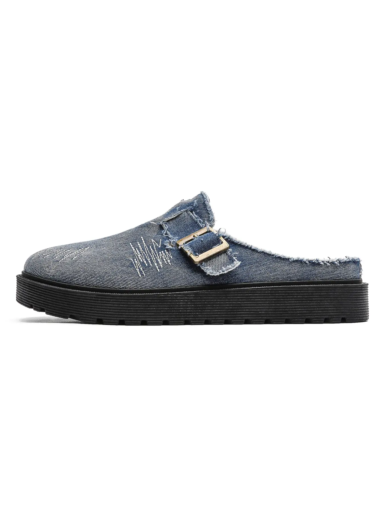 Men's Frayed Distressed Denim Backless Mule Clogs, Adjustable Buckle Thick Platform Sole Slip-On Shoes, Platform Mules, Casual Footwear for Daily Commuting, Indoor Outdoor & All-Day Wear