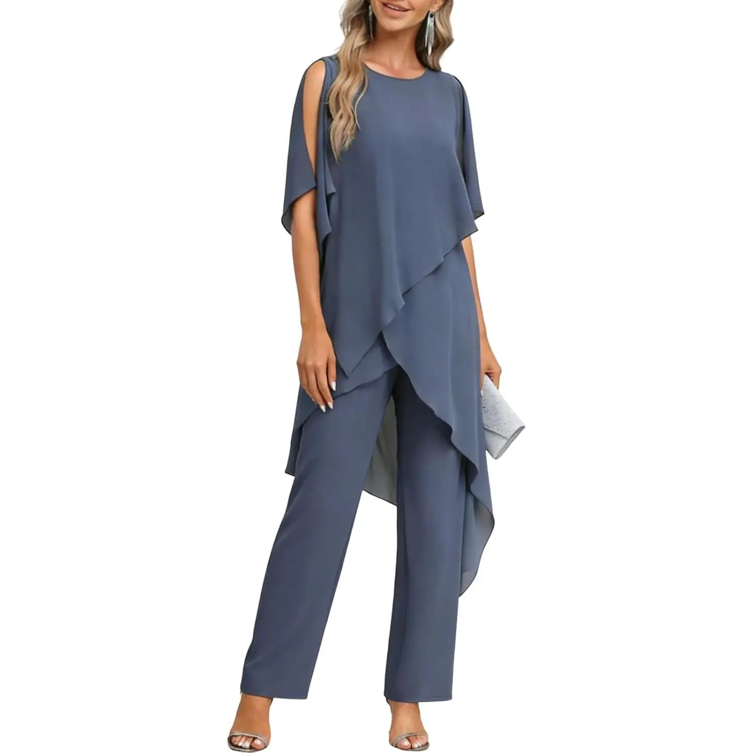Women's 2-Piece Chiffon Pant Suit with Lightweight Trousers & Tiered Top, Dressy Outfit for Mother of the Bride, Semi Formal Cocktail Party, Ball, Boat, Breathable, Comfortable, Elegant