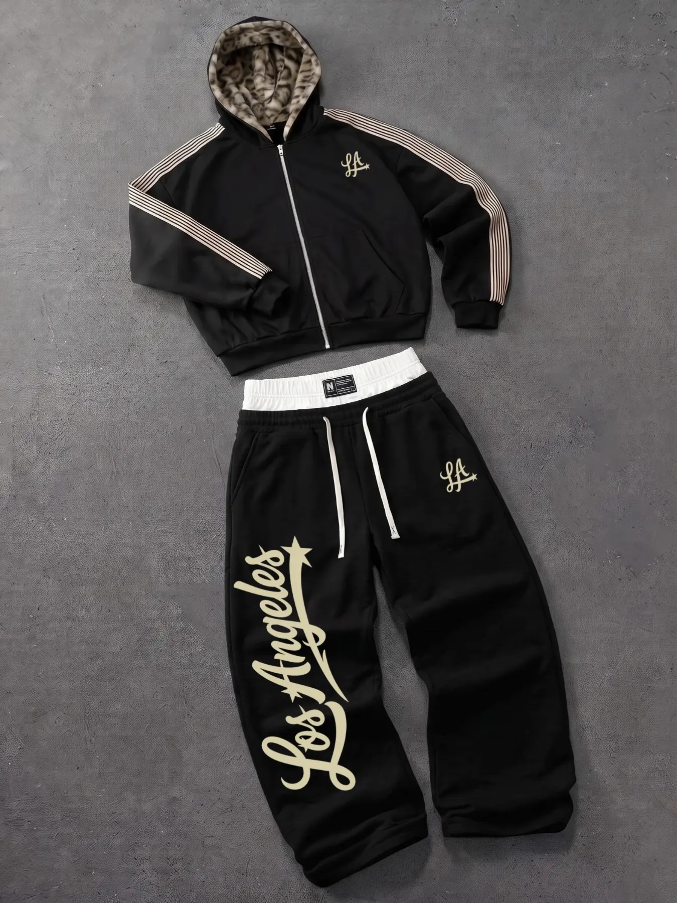 Unisex Cropped Zip Up Hoodie Wide Leg Pants Tracksuit, Leopard Liner Striped Sleeve Los Angeles LA Letter Print 2 Piece Outfit Set, Y2K Hip Hop Streetwear, unisex clothing, menswear clothing, accessories for men, ropa caballero hombre, boyfriend gifts, me