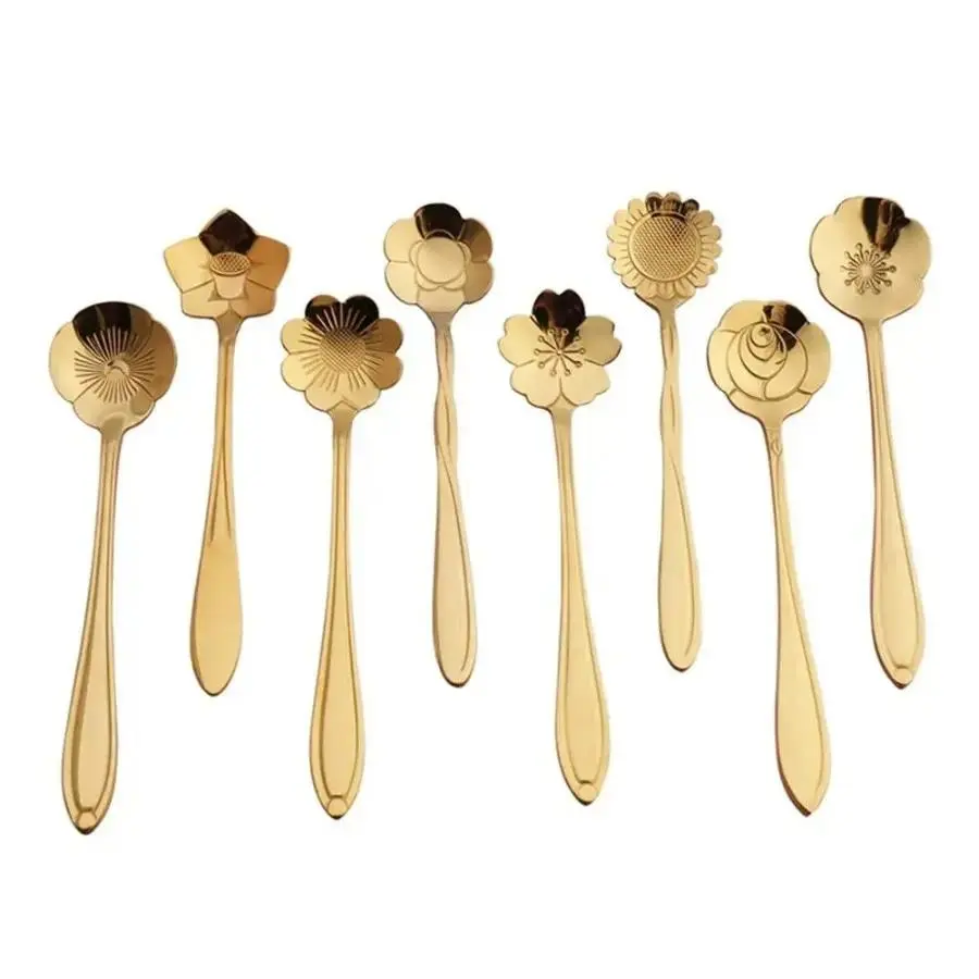 Glamorous Baroque 8-Piece Flower-Shaped Stainless Steel Coffee Spoon Set, Carved for Ice Cream, Honey - Ideal for Anniversary, Birthday Gifting, Kitchen Dining Use (Plants-Themed Accent), Bpa Free, Casual, Ceremony, Sturdy, Cutlery, Tableware
