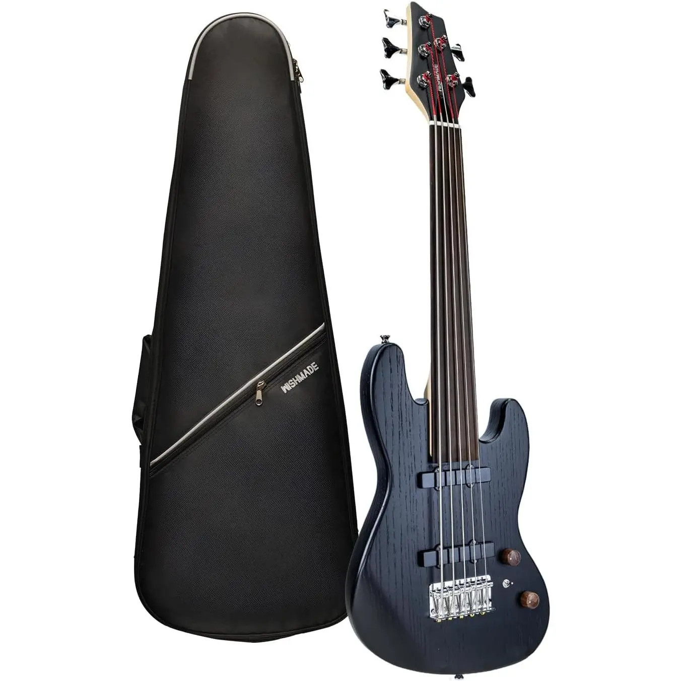 WishMade Fretless 5 String Electric Bass Short Scale Travel Guitar Black |   Portable Small bass with polished edges for smooth play,Dual open single coil pickups,compact body fits airline carry-on