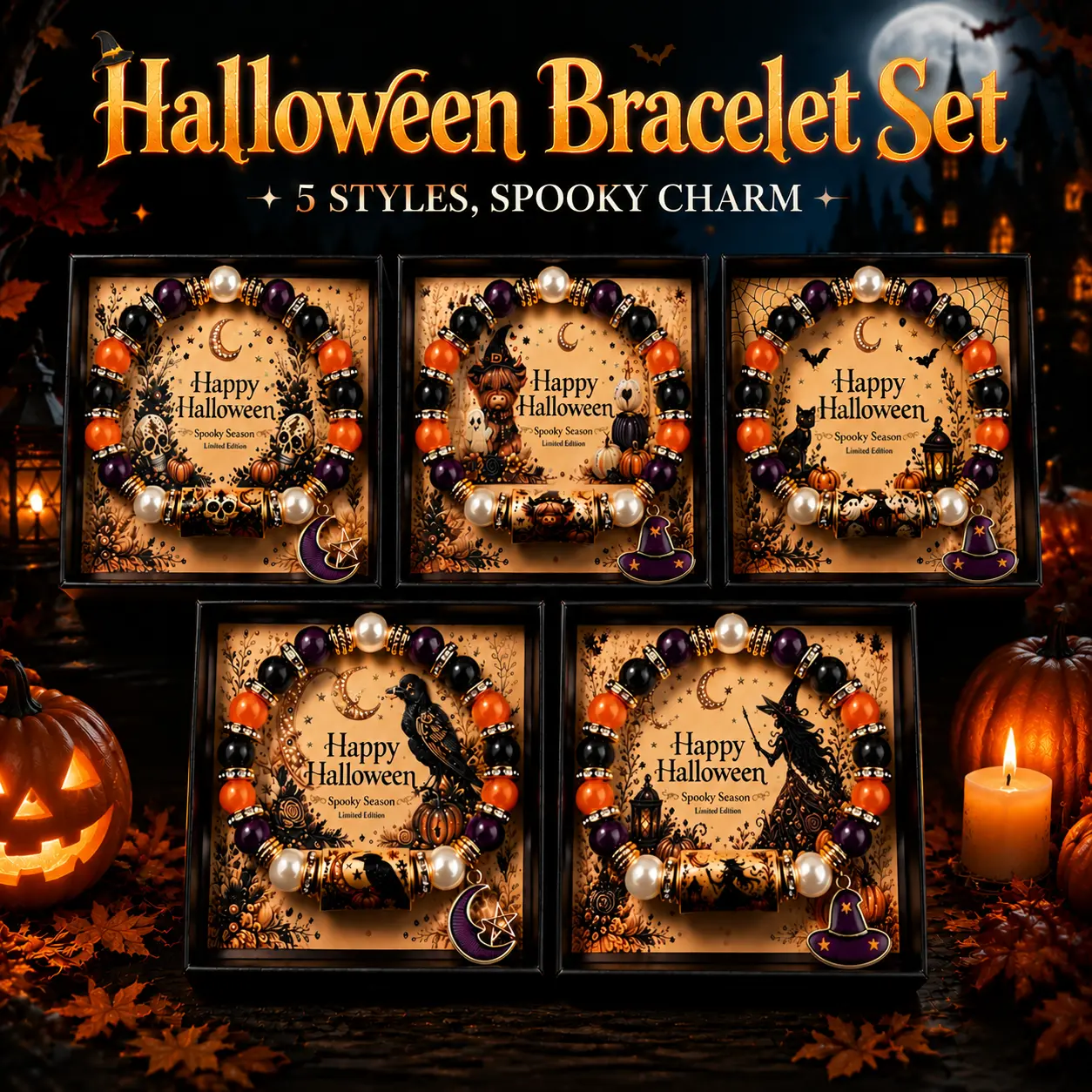 Halloween Charm Bracelet for Women & Girls,Glass Beaded Stretch Bracelet,Cute Spooky Gift,5 Styles Available (Single Bracelet)-YY