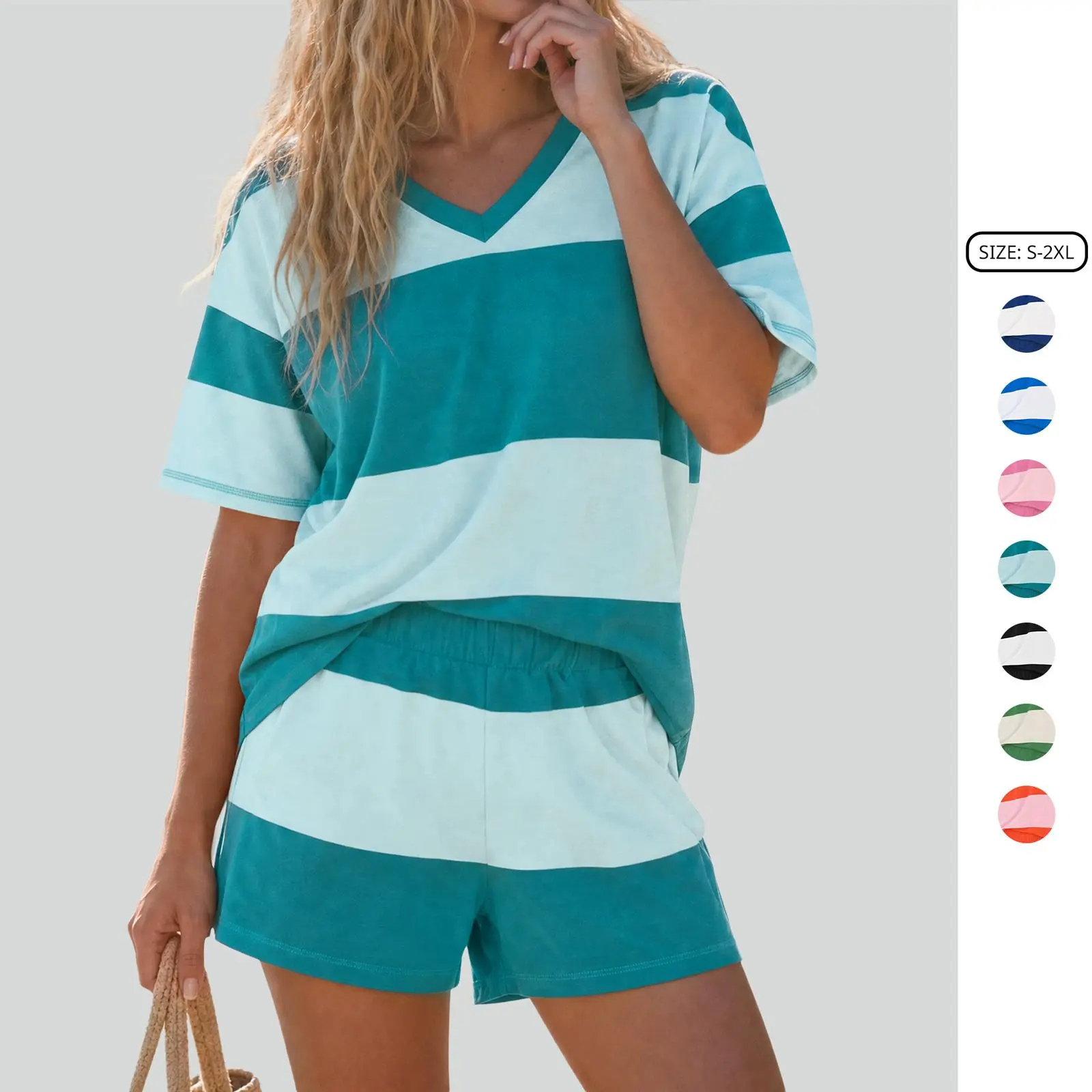 Imily Bela Womens Striped 2 Piece Lounge Set Short Sleeve V Neck Top High Waisted Elastic Shorts Casual Outfits