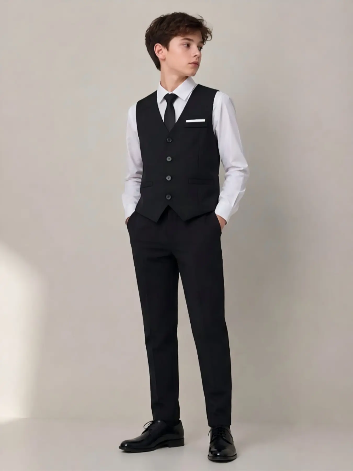 Boys Black 4 Piece Formal Vest Suit Set Dress Shirt Tie Pants Elastic Waist for Wedding Ring Bearer Graduation Party Clothes Suits
