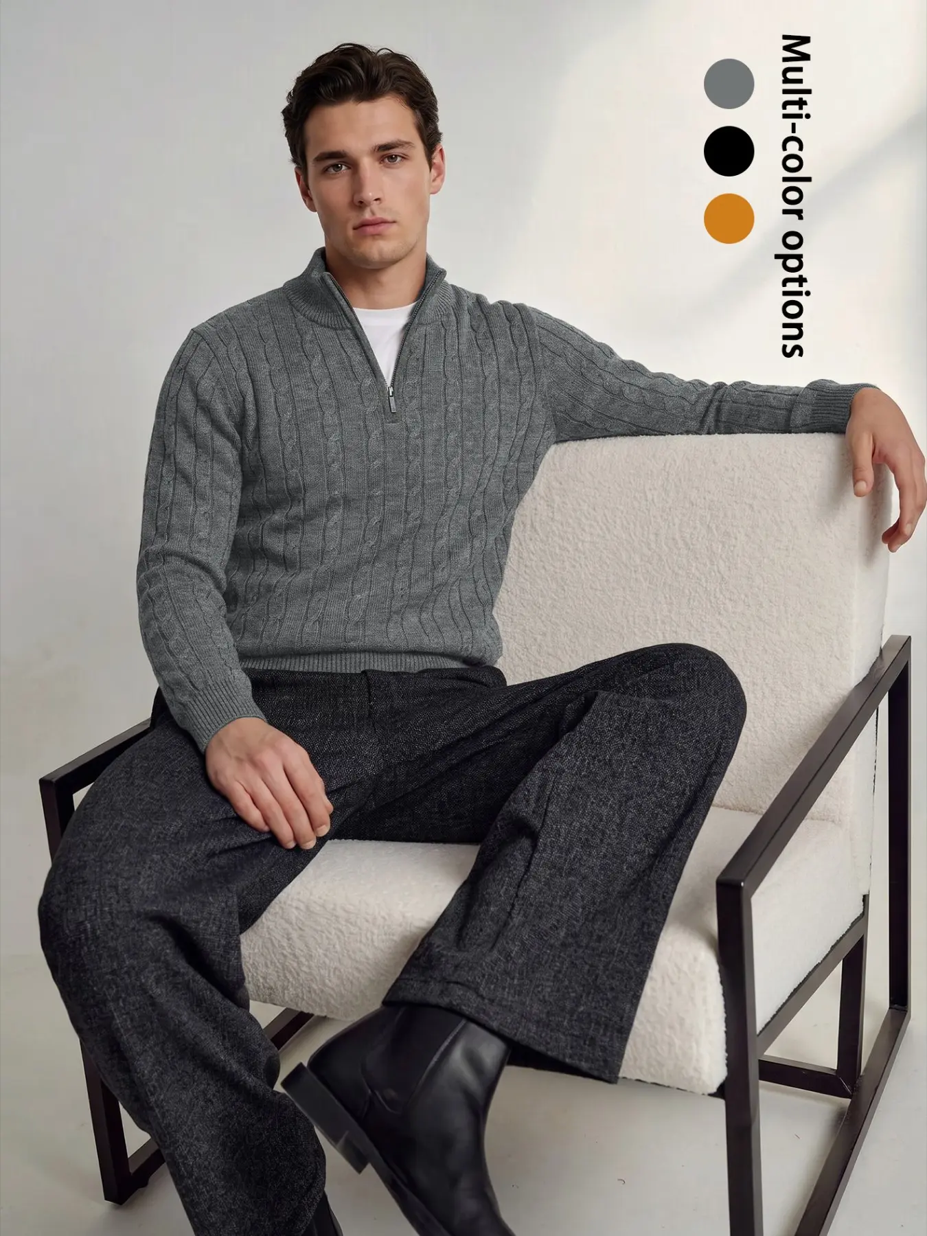 Men's Half Zip Sweater Cable Knit Style Pullover Mock Neck Quarter Zip Long Sleeve Knitwear Premium Fabric Soft Cozy Sweaters for Men's Daily Casual Light Business Office Work School Autumn Winter Warm Clothes Classic Aesthetic Black Gray Orange