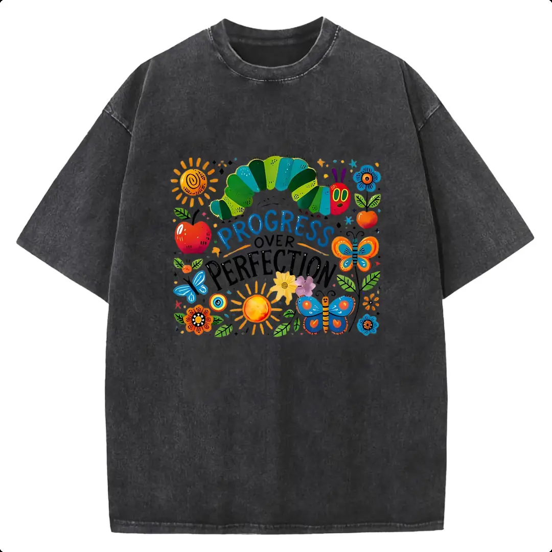 Unisex Retro Acid Wash Caterpillar Graphic Printed Short-Sleeve T-Shirt - Cute, Twist Design, Suitable for Birthday, Everyday Sports & Outdoor Wear, Tops