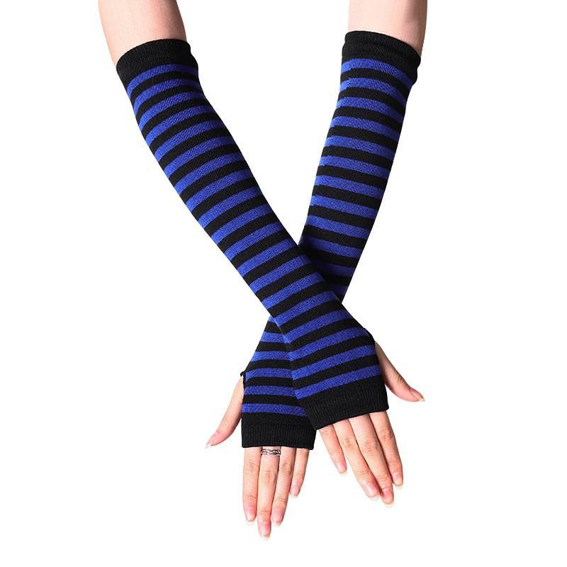 Women's Gothic Punk Striped Half-Finger Gloves, Knit Arm Warmers with Thumb Hole, Elastic Wrist and Arm Warmth, Fashionable Striped Design