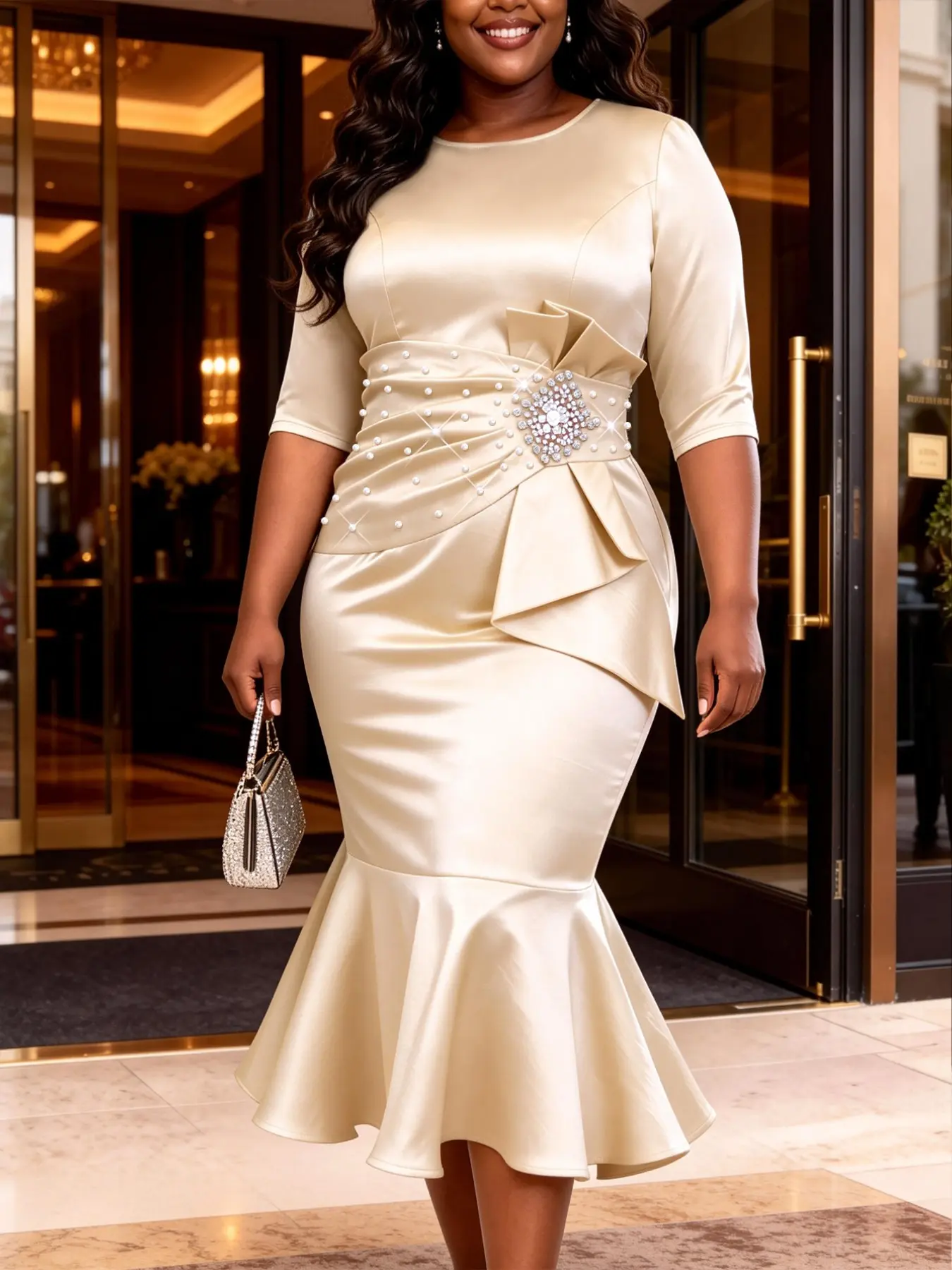 AOMEI Plus Size Women Elegant Satin Bodycon Mermaid Midi Dress Round Neck Half Sleeve Ruffle Waist Wedding Guest Church Office Spring Summer Formal Occasions