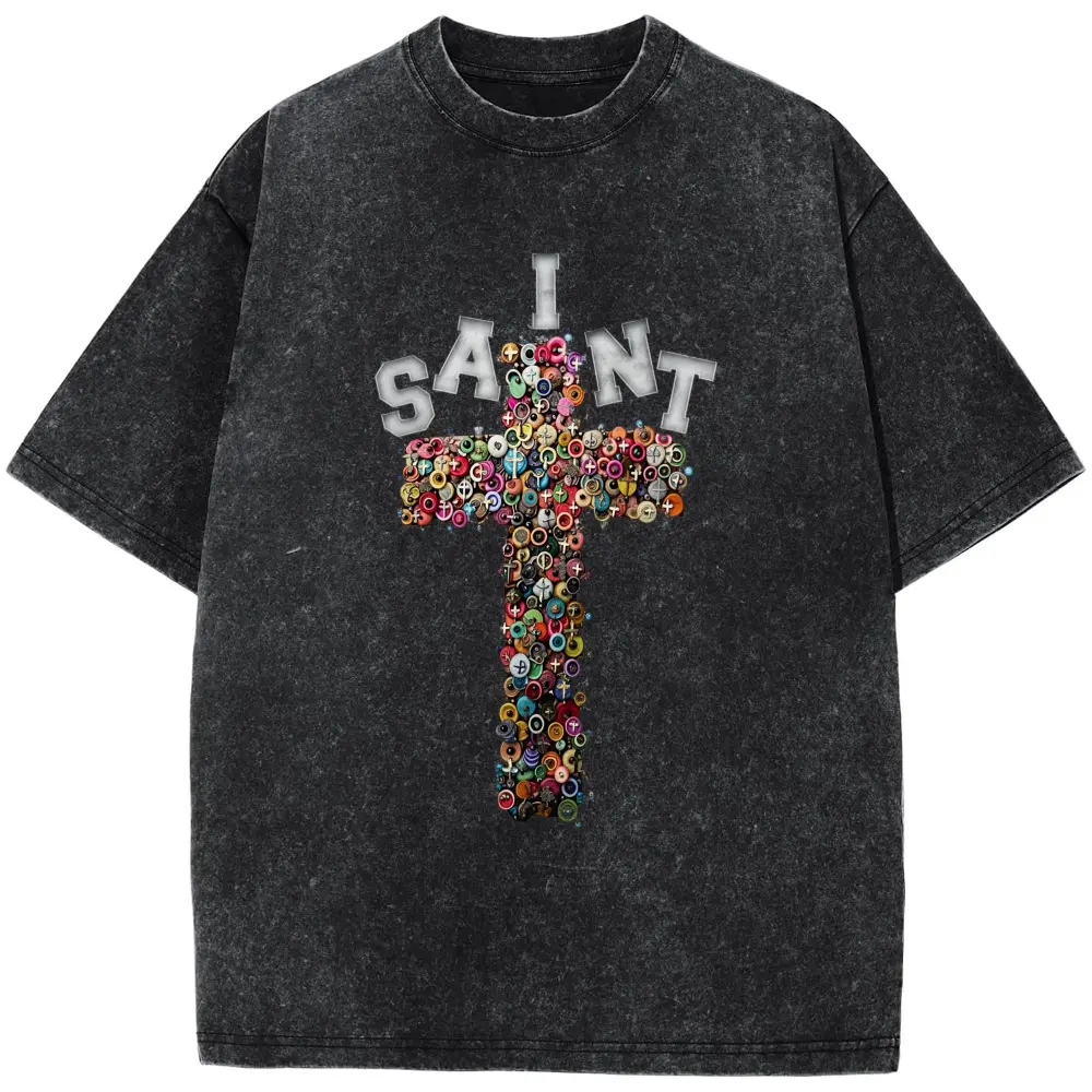 Vintage Saint Cross Graphics Printed Cotton T-Shirt Y2K Graphic Tees Vintage Graphic Tees Soft Top 0704D 818Plus Size T-Shirt, Retro Fitness Heavyweight Washed T-Shirt, 100% Cotton