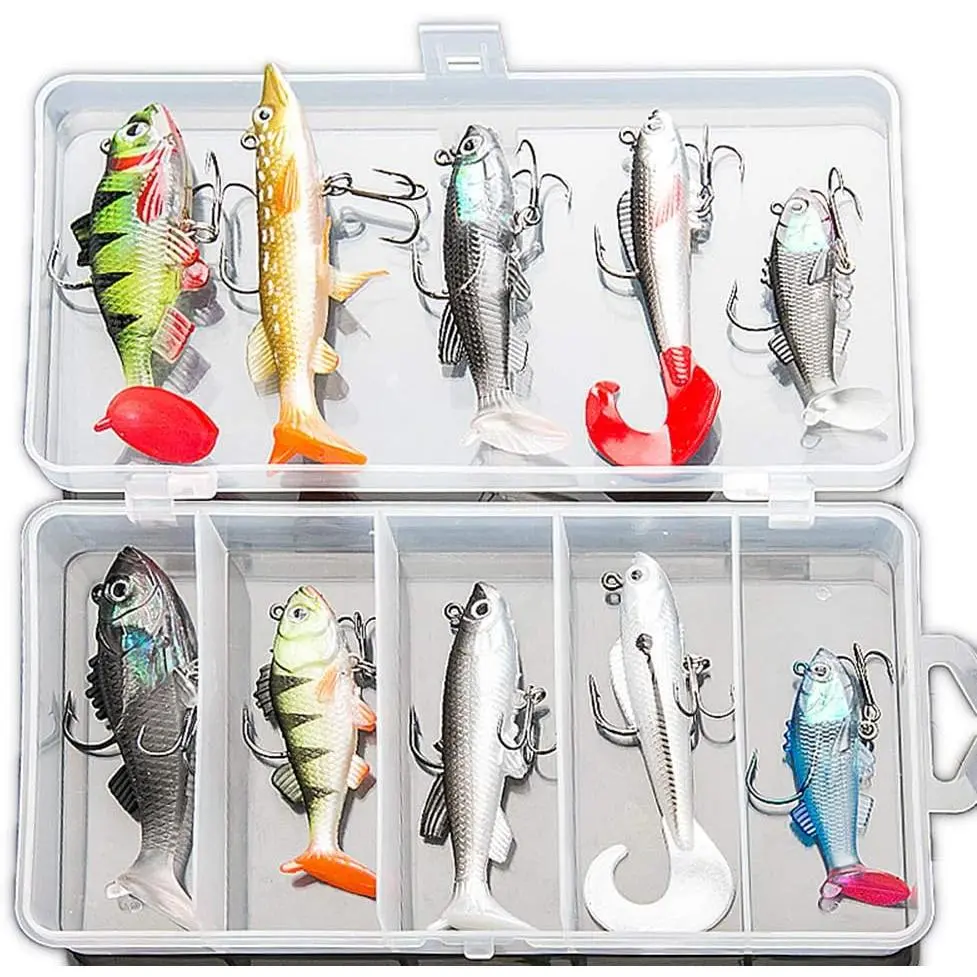 Soft Fishing Lures Kit, 10 count Pre-Rigged Jig Heads | Paddle Tail Swimbaits for Bass Trout Walleye Crappie, Sinking Swimbaits Tackle for Freshwater Saltwater, Shad Soft  Jigs