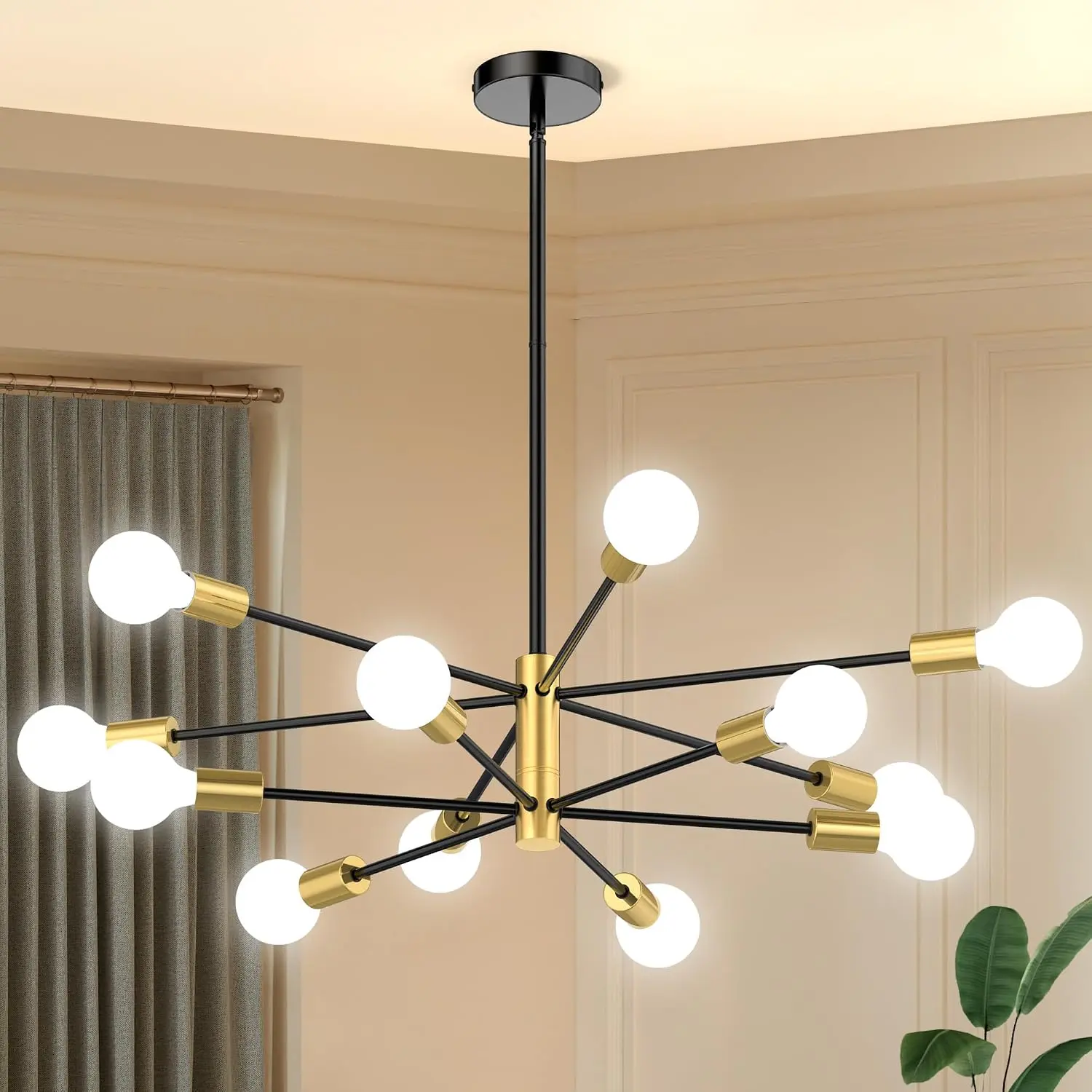 Black and Gold Metal Frame 12-Light Sputnik Chandelier - Decorative Lights, Ceiling Mounted Home Decoration Lamp, Mid-Century Modern Height-Adjustable LED/Incandescent Pre-Assembled Fixture, Dimmable Bulb Compatible for Dining Room, Kitchen Islands