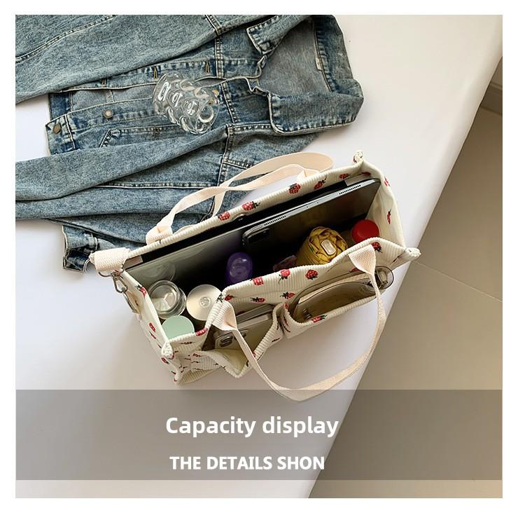 Women's Tote Bag Strawberry Print Canvas Student Shoulder Handbag Large Capacity Multi-Pocket Travel Purse Casual Daily Use Durable Totebag