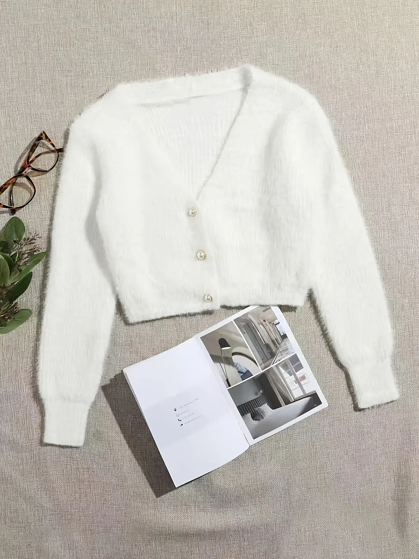 Elegant V-Neck Knit Cardigan for Women, Long Sleeve, Pearl Button Design, Soft Fuzzy Material, Perfect for Spring, Y2K, Casual, Daily Wear