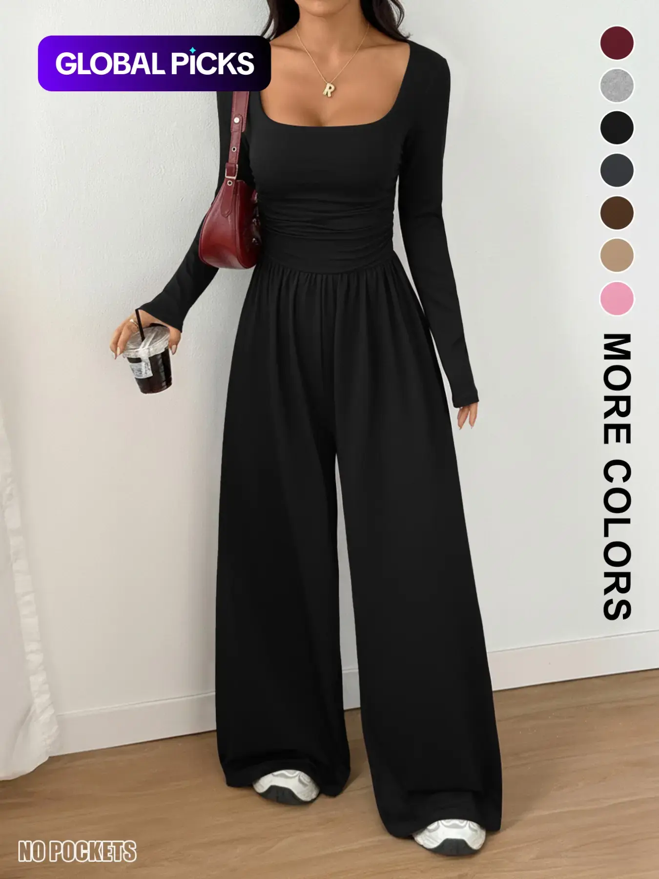 Women's Fall Winter Knit Fitted Wide Leg Jumpsuit Overalls, Casual Jumpsuits, Rompers Jumpsuits, Casual Basic Fashion Plain Color Round Neck One-Piece, Versatile Long Sleeve Romper, Lady Womenswear