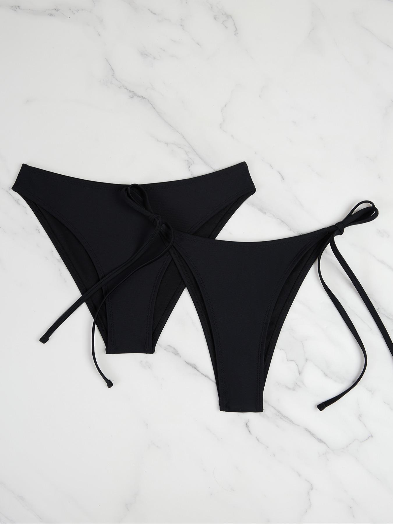 Three-Piece Set Women's Sexy Chic Plain Halter Bikinis Set, Tie Back Triangle Bikini Top & High Cut Bikini Panty & Tie Side Swim Bottom, Summer Swimsuit Sets, Swimsuit Style Bikini, Bathing Suits Women