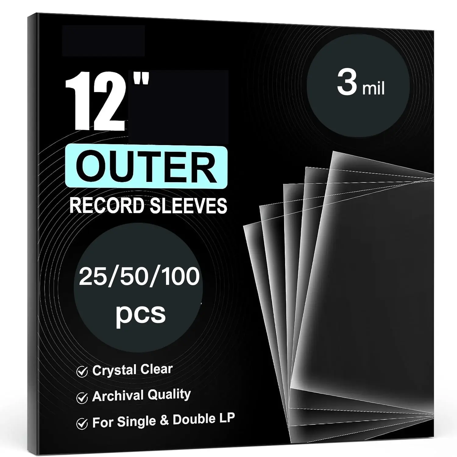 100/50/25pcs 12in Lp Crystal Clear Vinyl Outer Record Sleeves, 3 Mil Archival-Grade, 12.75"x12.75", Perfect Fit for Single/double Lps & Gatefolds