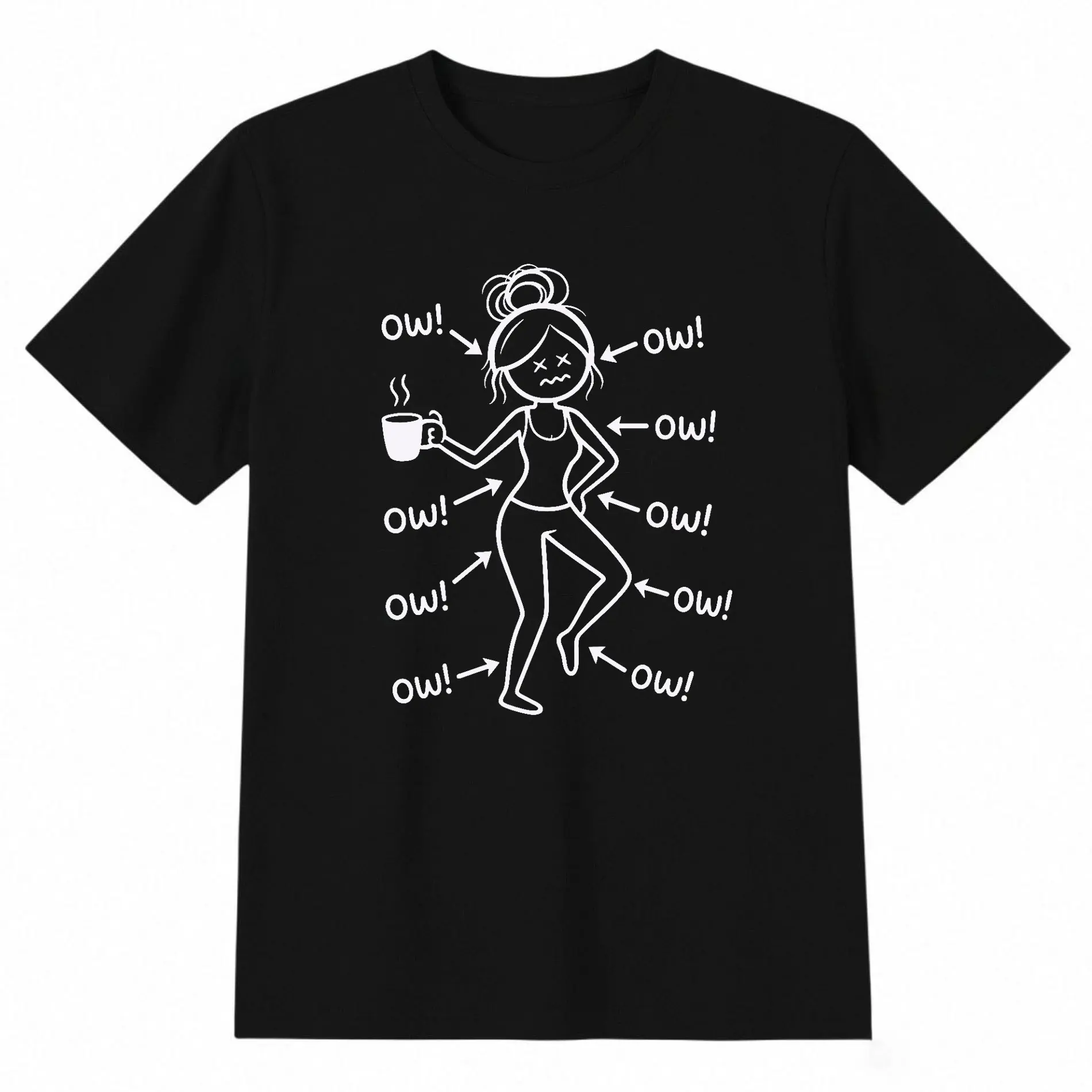 Funny Ow Ow Ow Saying Body Pain Character Humor Women T-shirt, Graphic Crew Neck Soft Top Short Sleeve Casual Unsex Shirt for Men Women