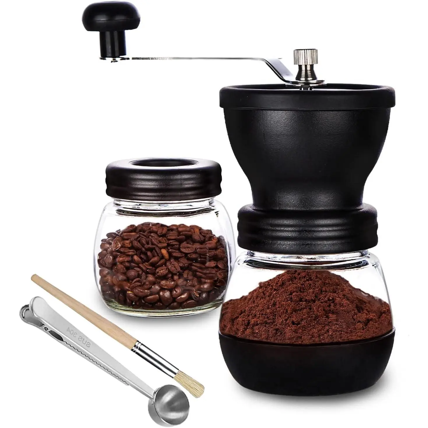 Ceramic Burr Manual Coffee Grinder - Kitchen Hand Coffee Grinding Tool with 2 Glass Jars (11oz), Stainless Steel Handle, Nonslip Silicone Base, Removable and Washable Parts for Espresso, Drip