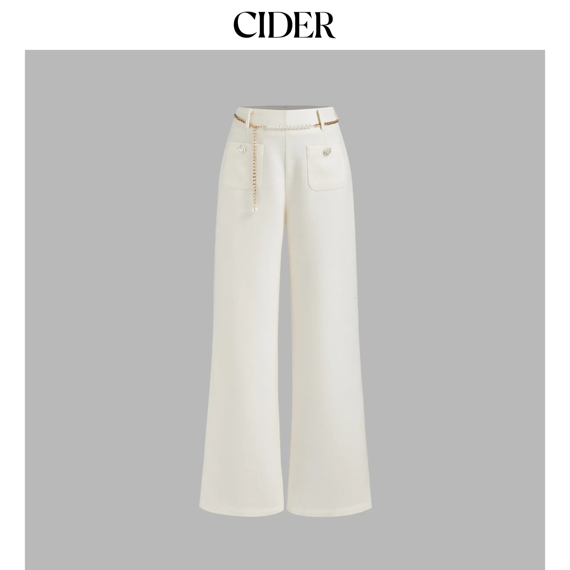Cider [size 2-10] Tweed Mid Rise Solid Pearl Button Wide Leg Trousers With Waist Chain