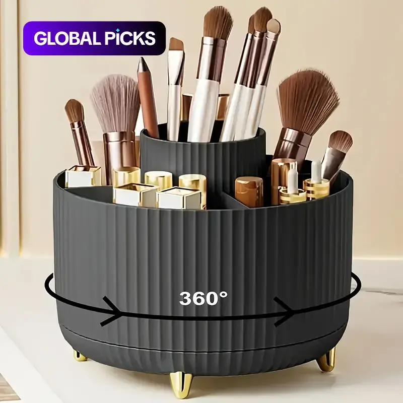 360-Degree Rotating Makeup Organizer Box, 5-Grid Plastic Cosmetic Storage Rack with Luxury Stripe Design, Portable Brush Holder and Beauty Organizer, Makeup Tool Organizer, Cosmetic Organizers