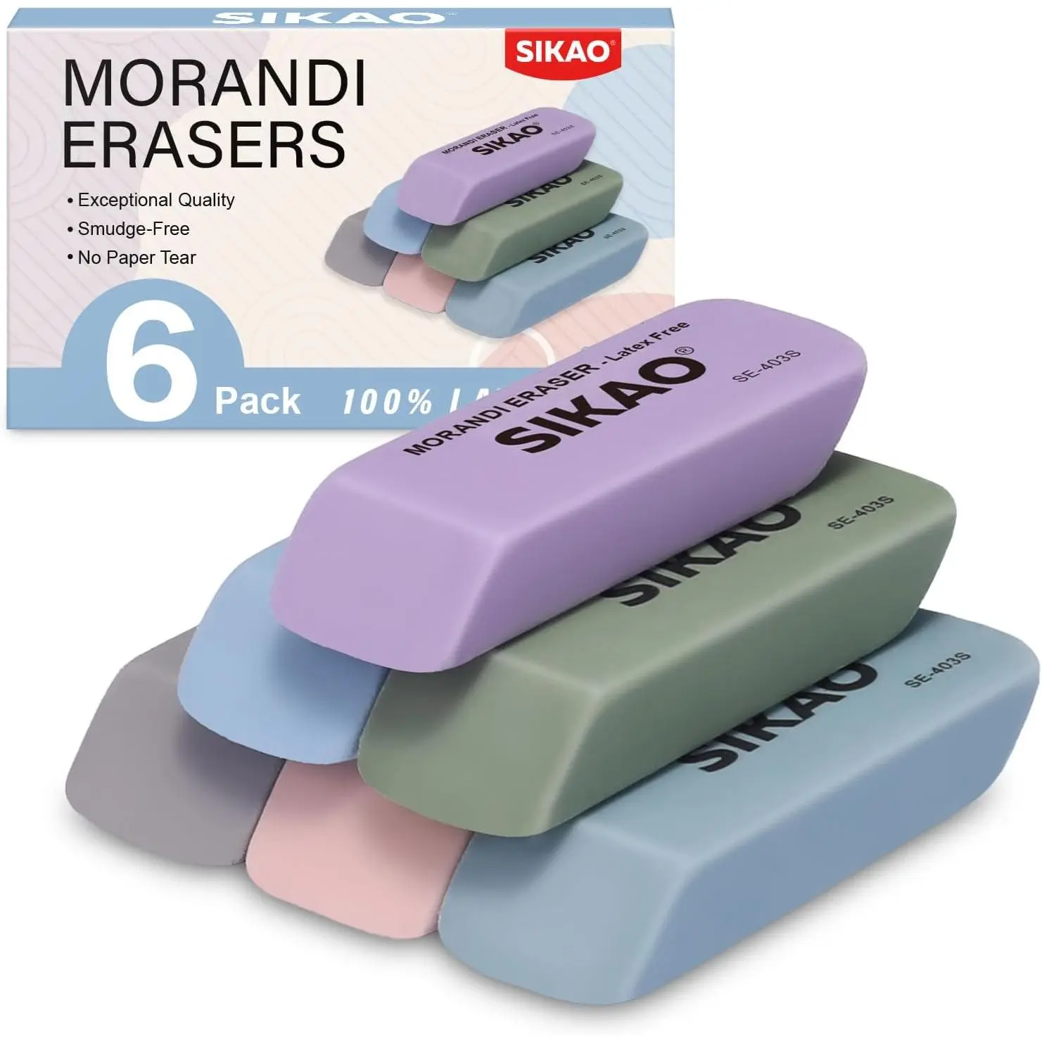 Morandi Erasers, 6 Pack Pencil Erasers | Aesthetic Pastel Beveled Rubber Erasers, Latex-Free & Smudge-Free for School Supplies, Classroom & Daily Writing