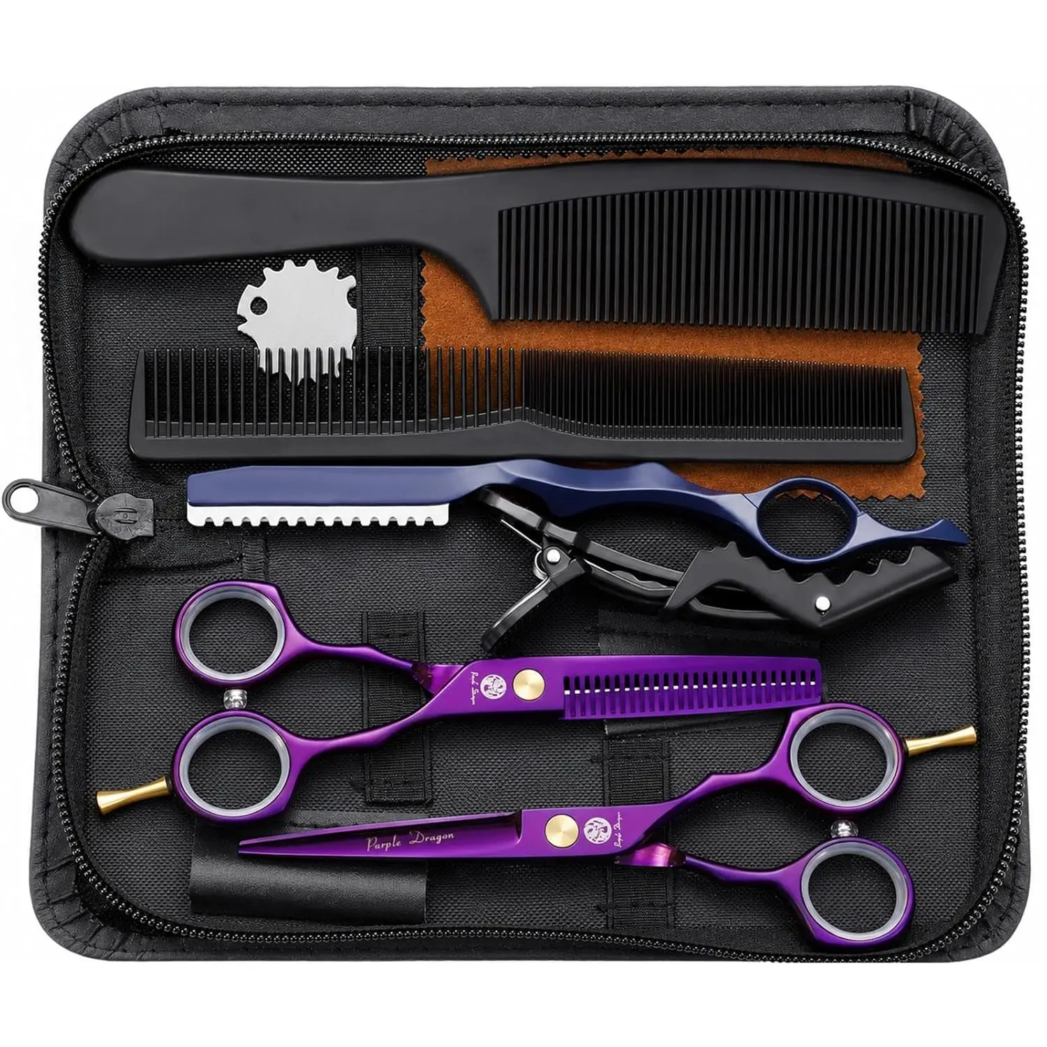 Purple Dragon 5.5 inch Hair Cutting Scissors Set with Razor, Leather Scissors Case, Barber Hair Cutting Shears Hair Thinning/Texturizing Shears  Professional Hairdresser or Home Use (Purple)