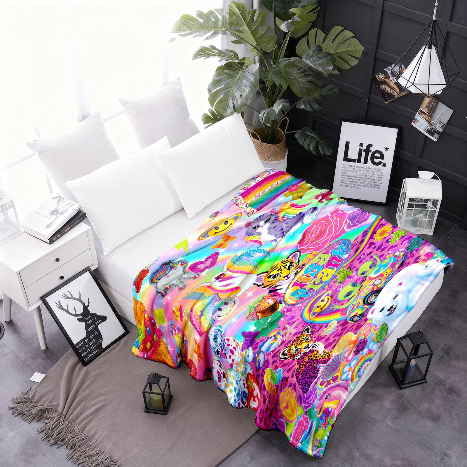 Lisa Frank Collage Themed Blanket, Vibrant & Playful Style, Features Colorful Characters, Soft and Warm, Perfect for Home Relaxation, Flannel Blankets