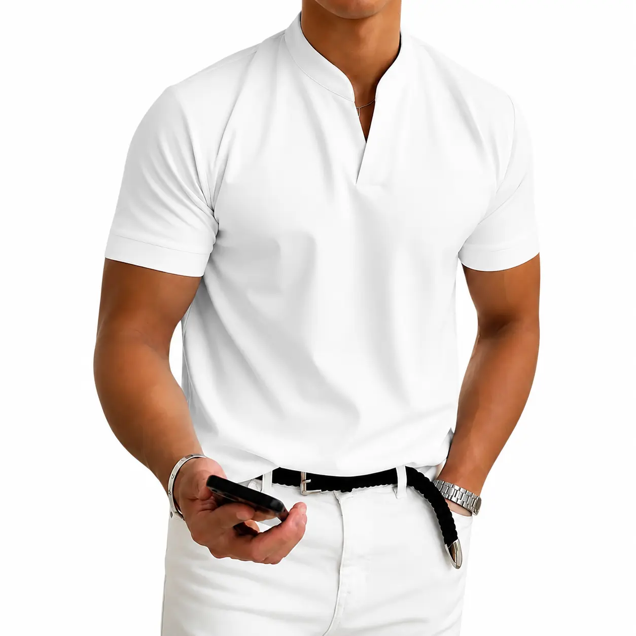 Men's Premium Notch Neck T-Shirt, Short Sleeve Casual Shirt, Clean Minimalist Design, Stylish Slim Fit Summer Top for Men