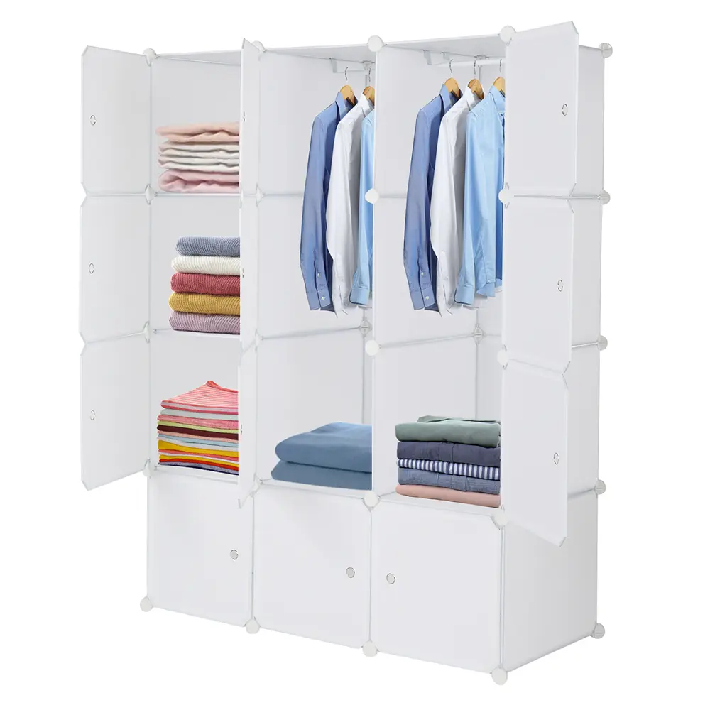 White Stackable Plastic Cube Storage Organizer - 12-Cube Modular Wardrobe Cabinet with Hanging Rods for Closet Organization, DIY Setup, Large Space