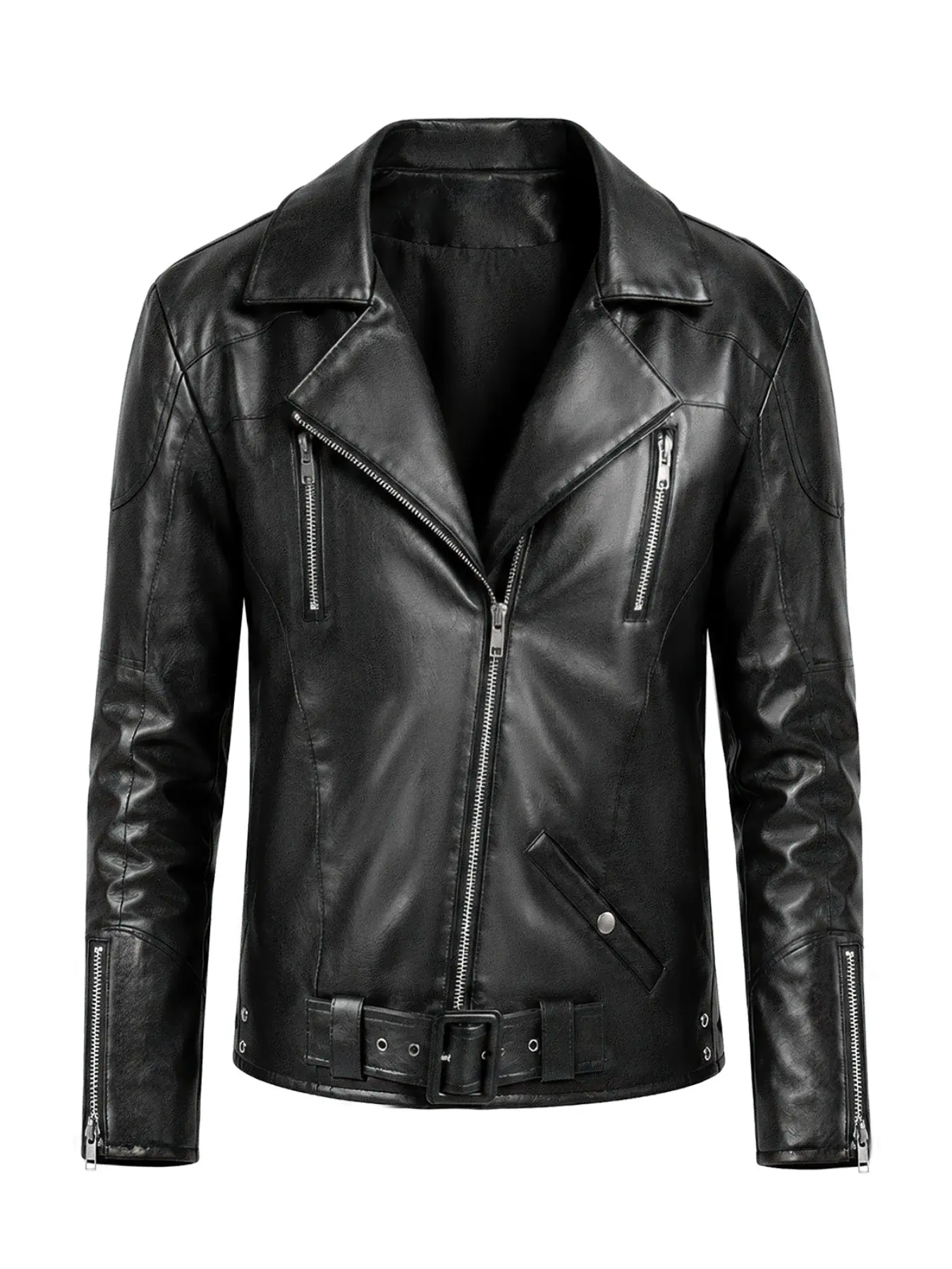 Men's Slim Fit PU Leather Long Sleeve Motorcycle Jacket, European and American Street Punk Style, Diagonal Zipper Leather Coat, Trendy Outerwear
