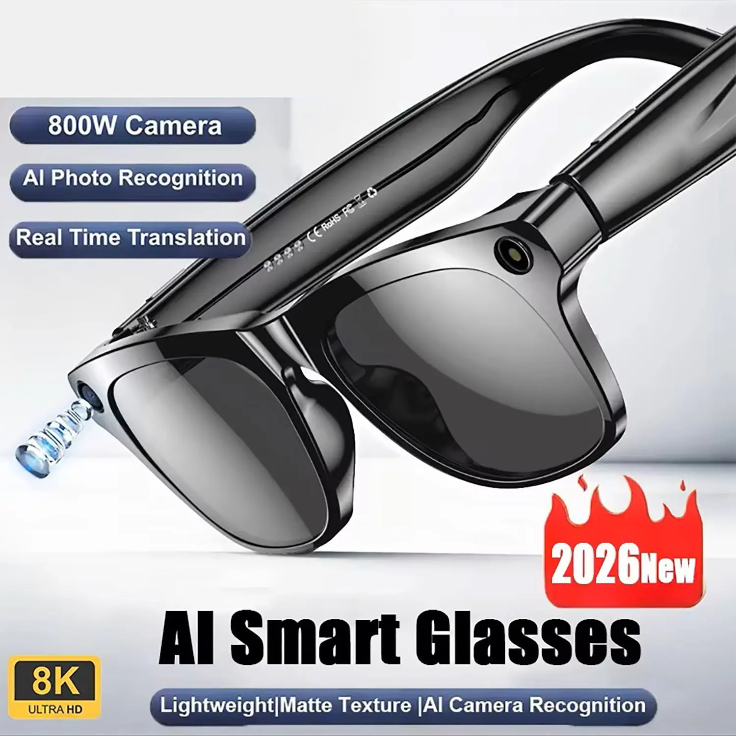 800mp Camera 8k HD Smart Glasses, Chat Gpt, 290mah Battery, Bluetooth-compatible Call, Voice Assistant, Plastic Frame, Decorative Lens