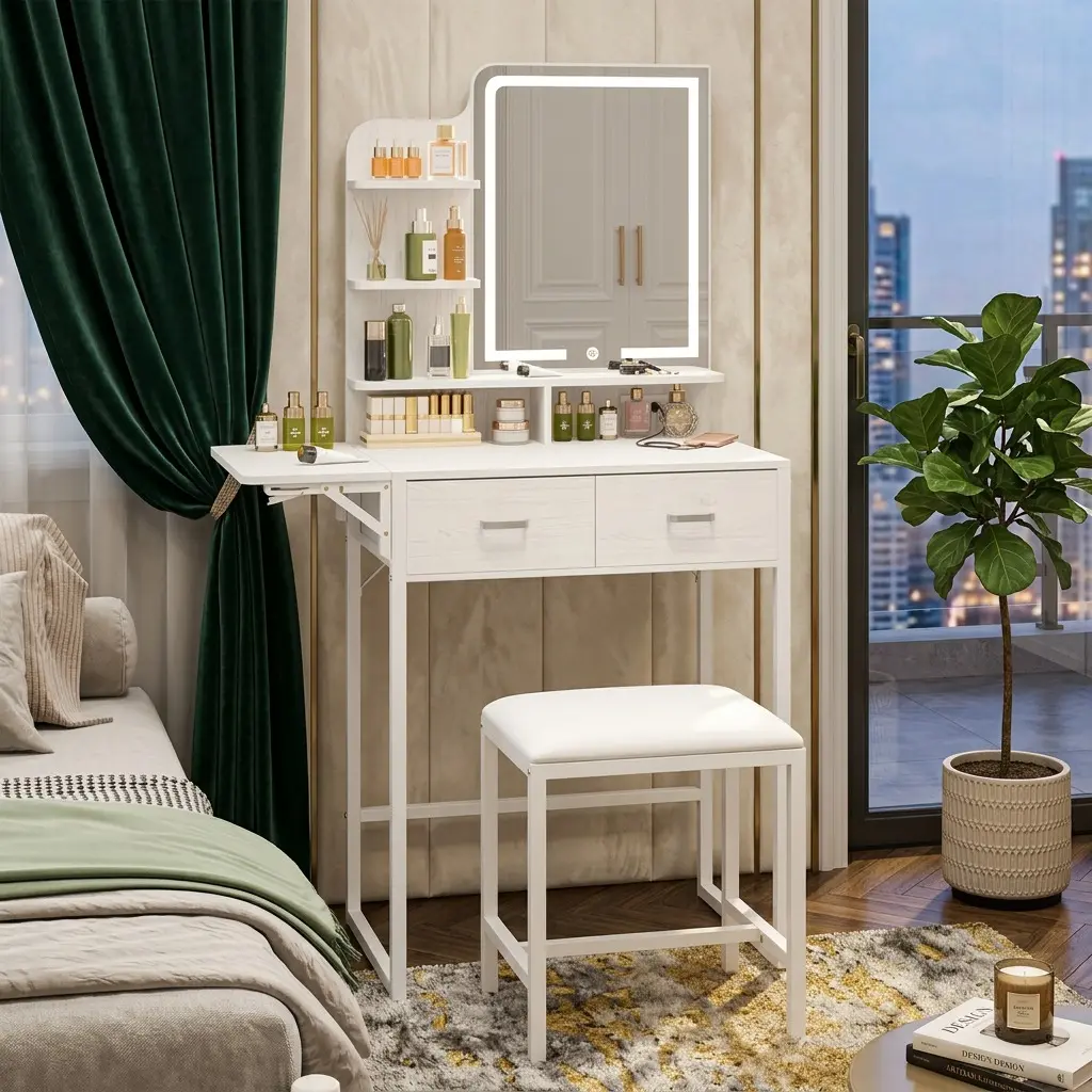 White & Black Compact Foldable Makeup Vanity Set, 3-Color Dimmable LED Lighted Mirror, Fabric Storage Drawers & Open Display Shelves, Built-in AC Outlets & USB Charging Ports, Foldable Panel Design with Matching Padded Stool, Space Saving Bedroom Dressing