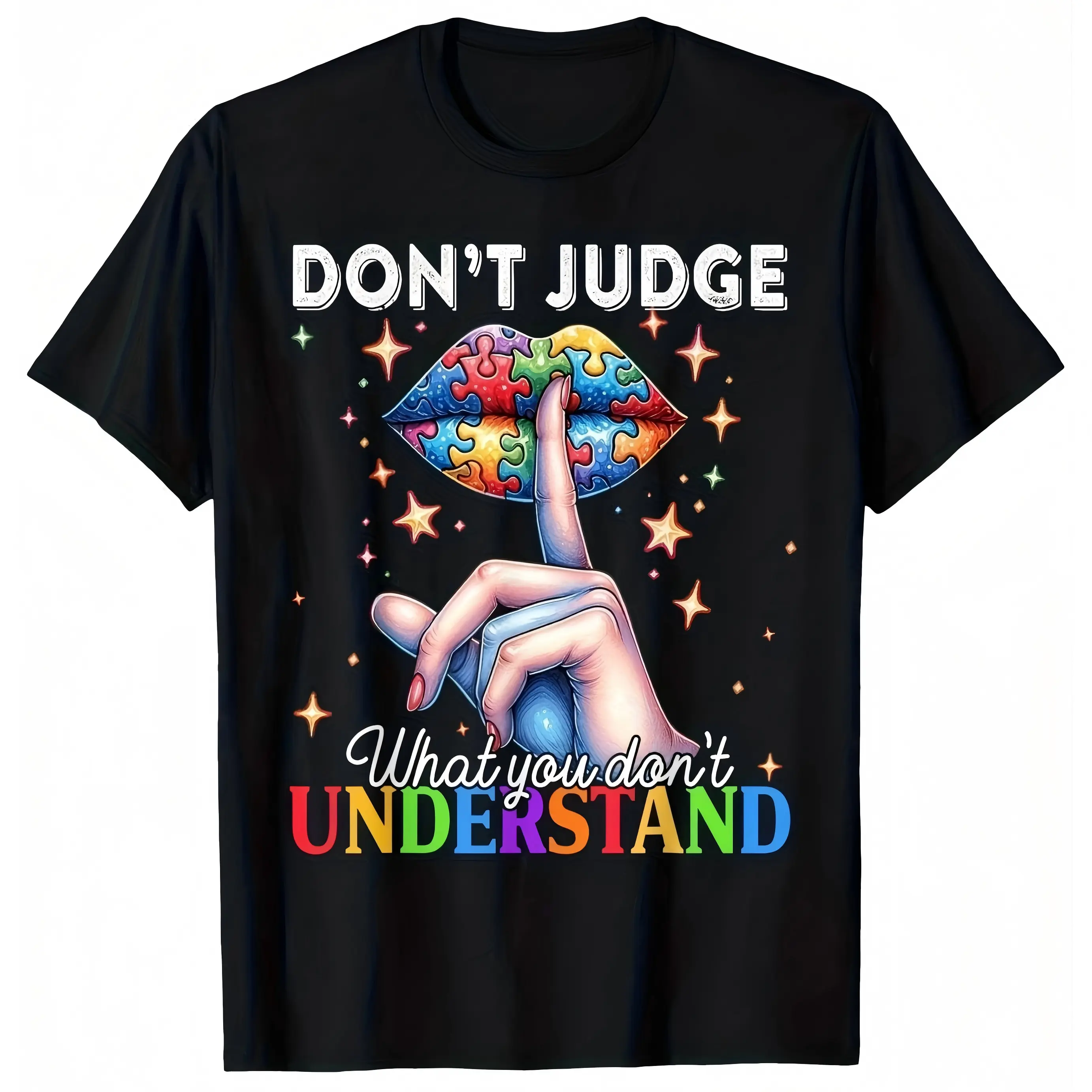 "Don't Judge What You Don't Understand" Autism Awareness Graphic T-Shirt for Men Women – Soft Stretch Cotton Crew Neck Short Sleeve, Rainbow Puzzle Piece Star Tee, Regular Fit Inclusivity Streetwear, All Season Wear, Autism Support Gift, Machine Washable