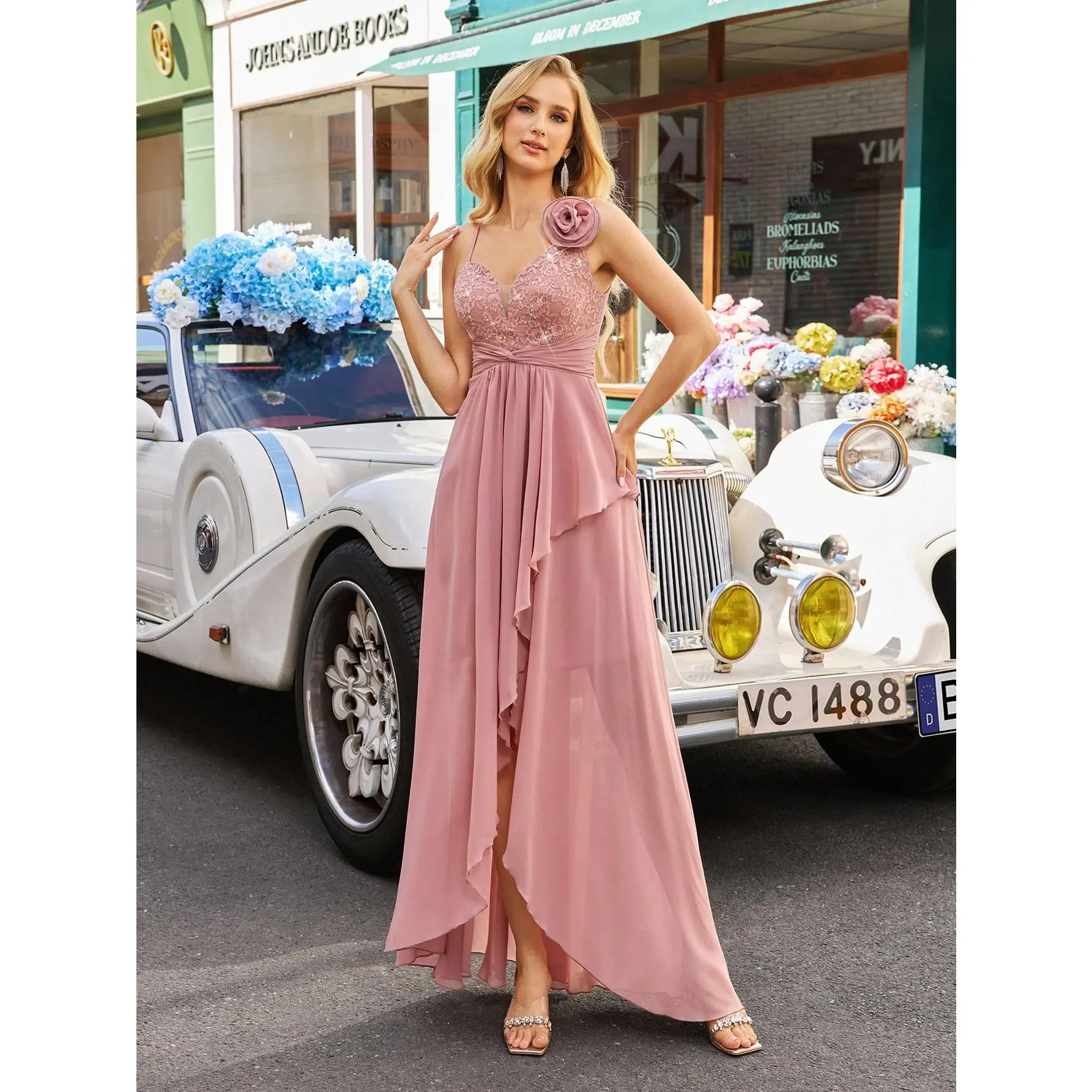 Surplice V Neck Lace Waist Ruched Chiffon Gown, Asymmetrical Layer Hem Floor Formal Dress For Bridesmaid Events