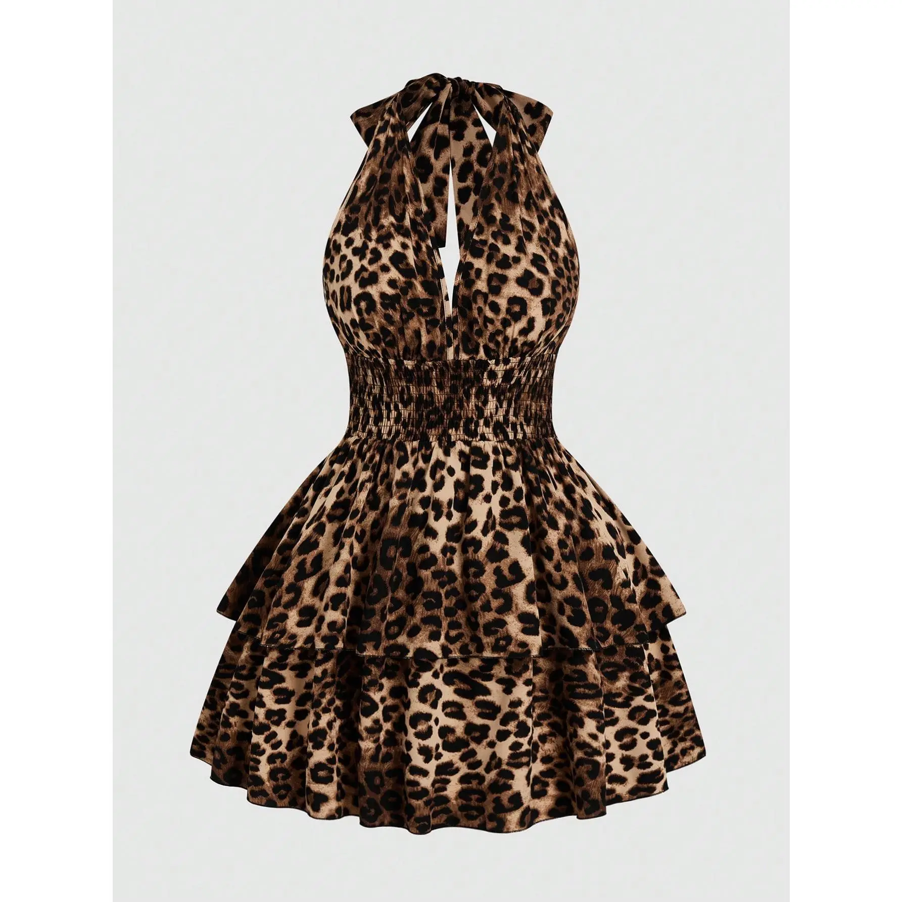 Plus Size Leopard Halter Dress Y2K Cheetah Sleeveless Layered Ruffle Going Out Mini Dresses