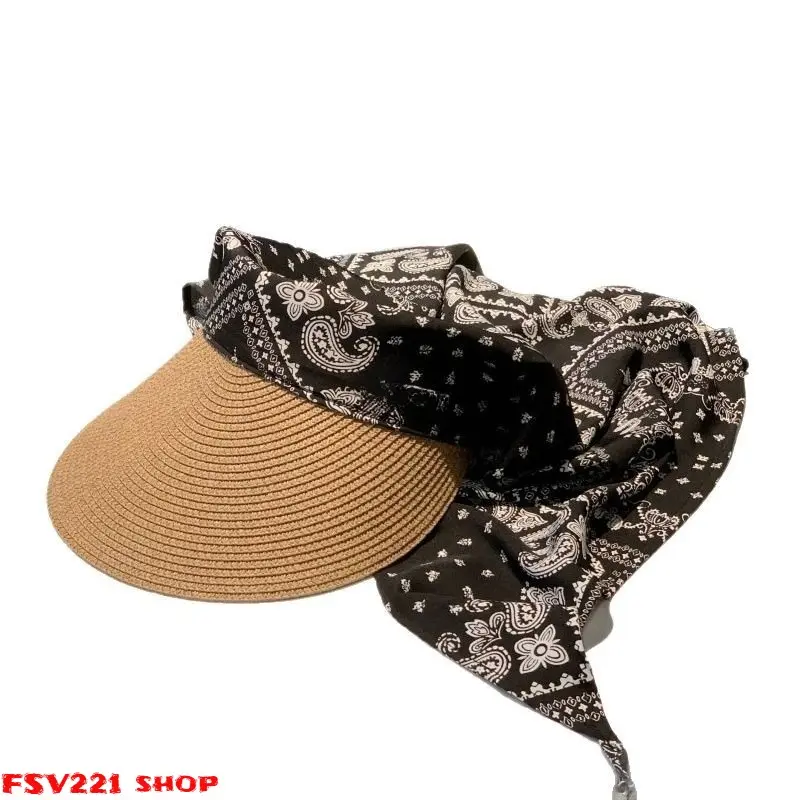 Vintage Paisley Scarf Tie Straw Visor Hat - Adjustable 54-62 cm Hollow Top Woven Breathable Sun Cap, Detachable Scarf Windproof Empty Crown Hat for Beach Vacation, Casual Daily Everyday Use, Summer Styling, Portable, Party, Plain, Straw Hat campingessenti
