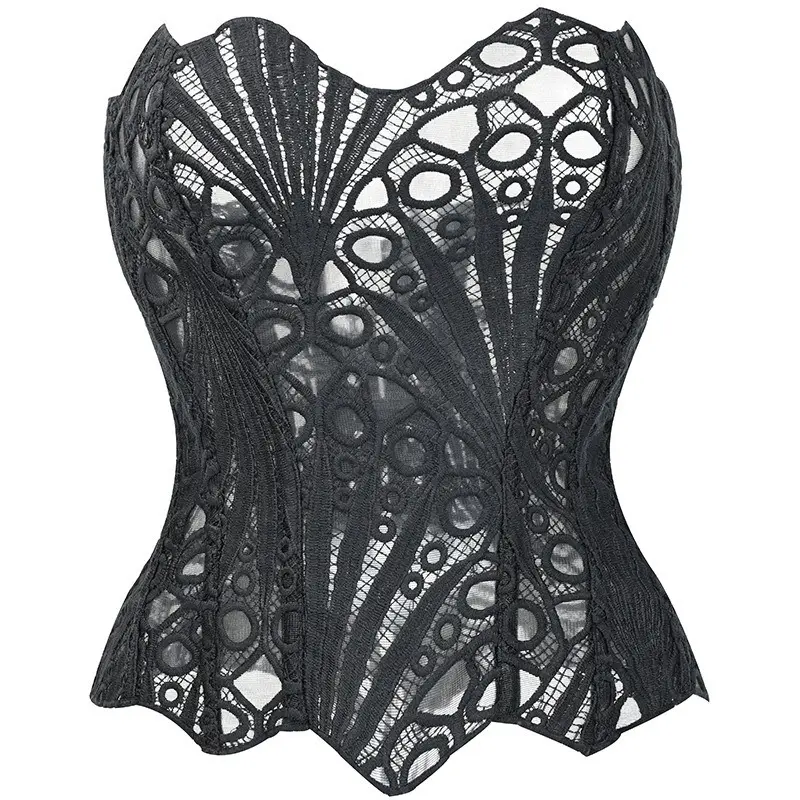 Pink Mermaid Core Corset, Scalloped Edge Lace Eyelet Hollow Out Boned Bustier Underwear for Bachelorette Music Festival Women