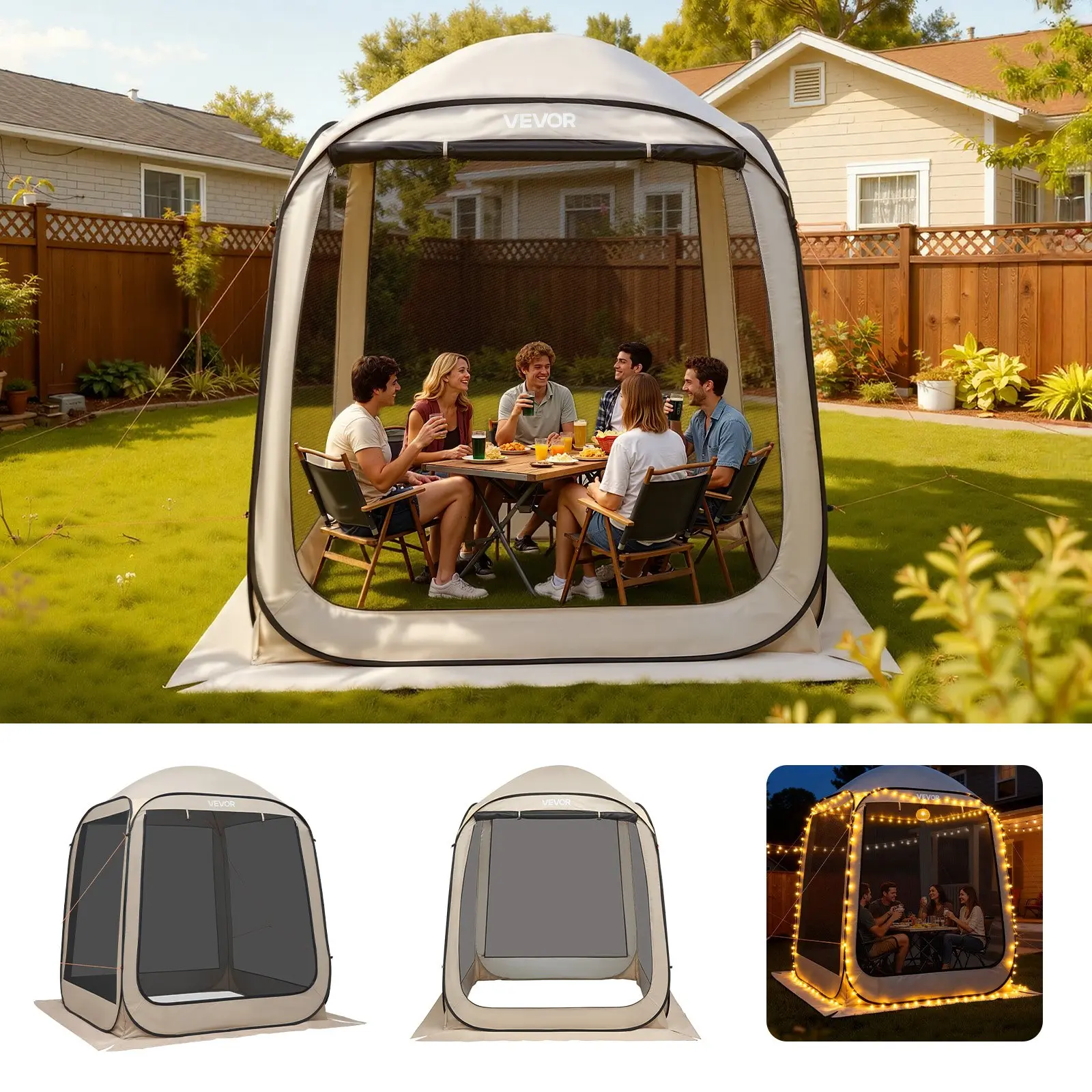 VEVOR Screen House Tent, 6 x 6 ft, 4-6 Person Pop Up Screen Tent, Portable Screened in Canopy with Carry Bag, Netting Sides, Ground Stakes, for Garden, Patio, Backyard, and Outdoor Activities, Beige